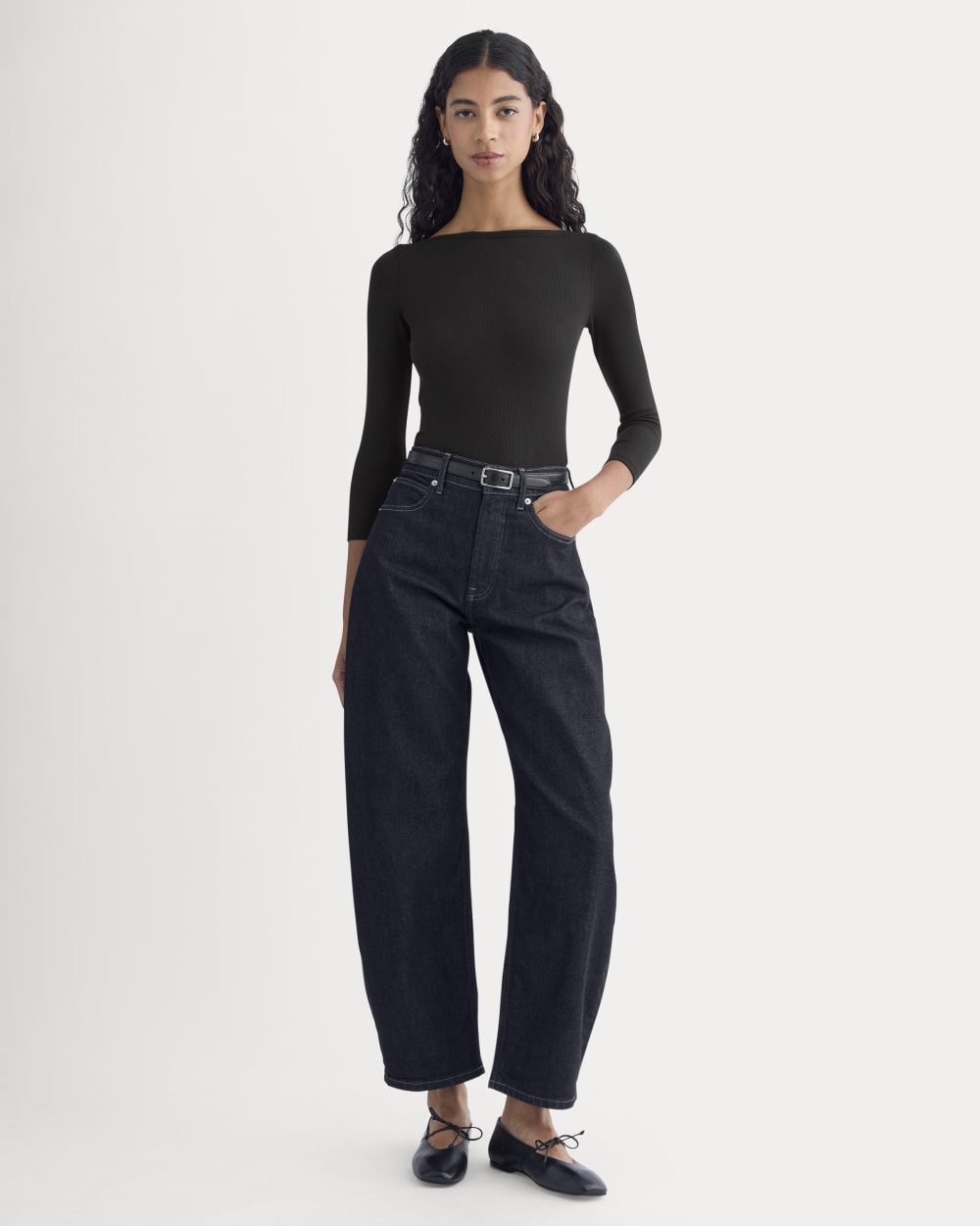 Luxe Rib 3/4 Sleeve Boatneck Tee in Black — detail view