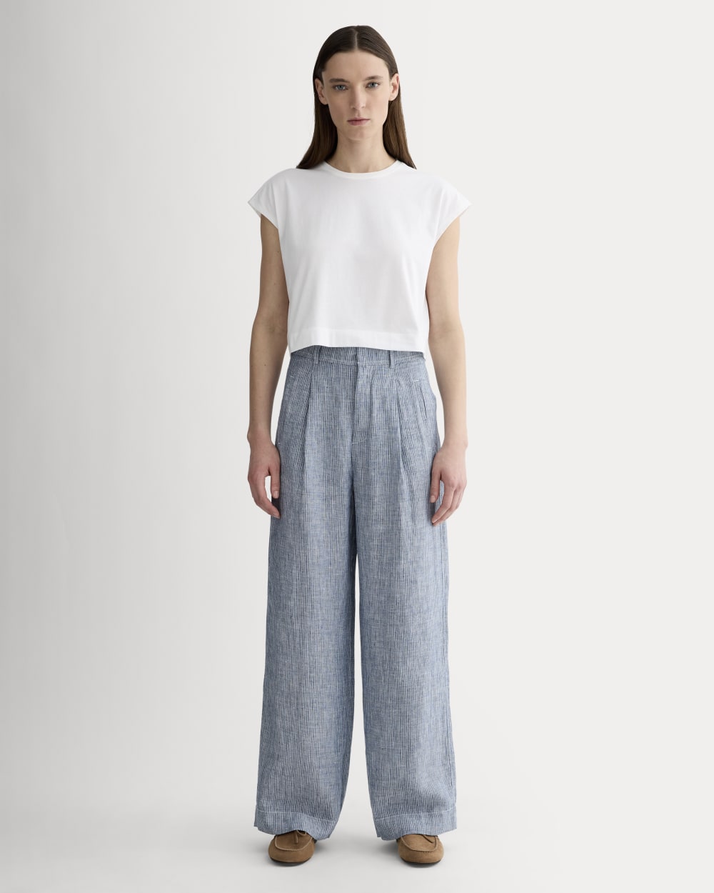 The Linen Way-High® Drape Pant in White / Blue — front view