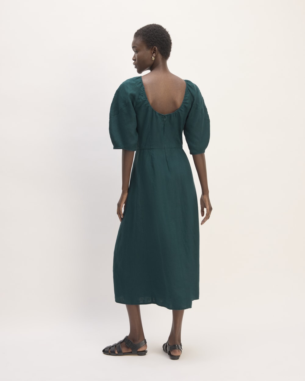 The Linen Short-Sleeve Scoop Midi Dress in Dark Sea — detail view
