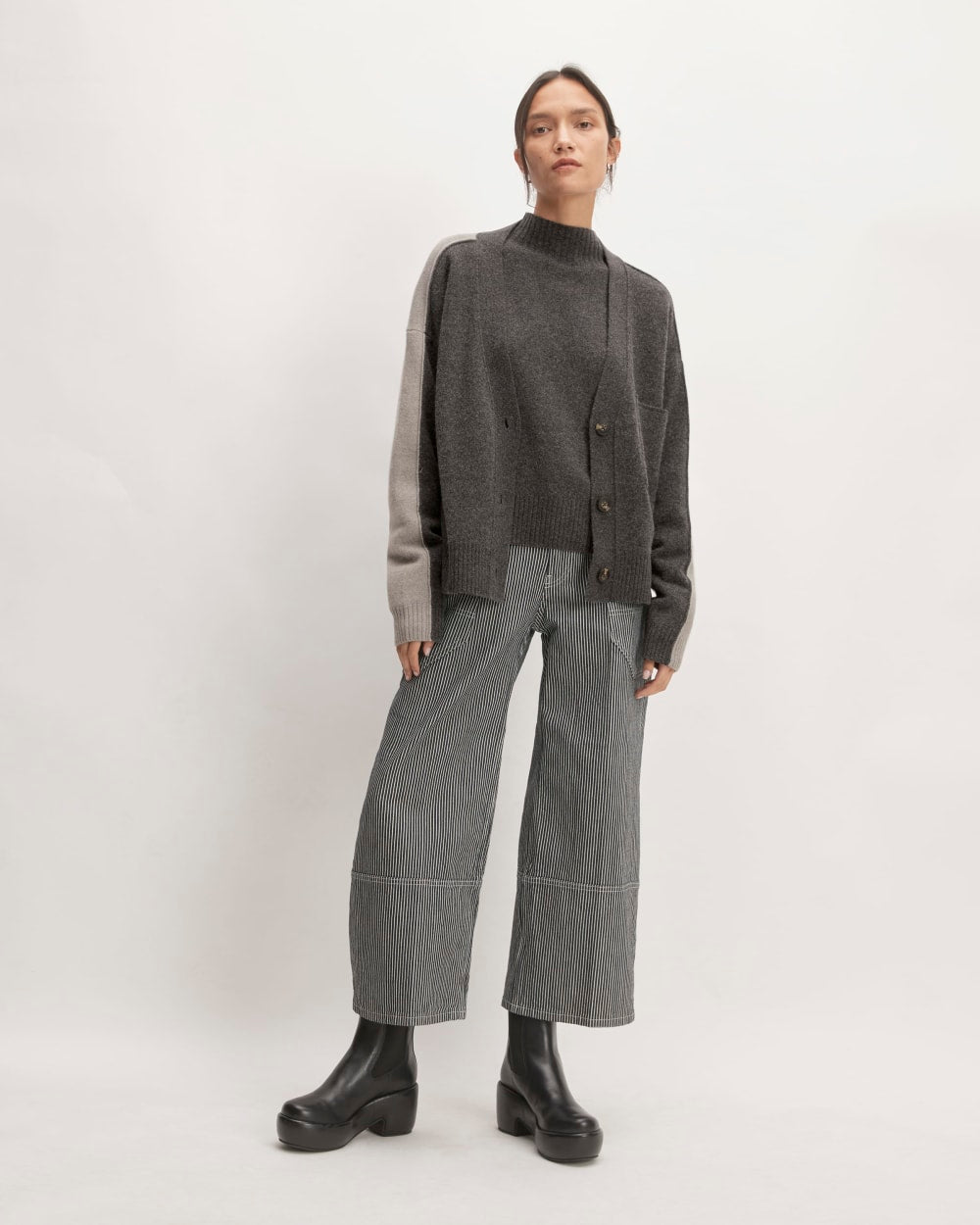 The Good Merino Wool Cardigan in Graphite / Hare Grey — detail view