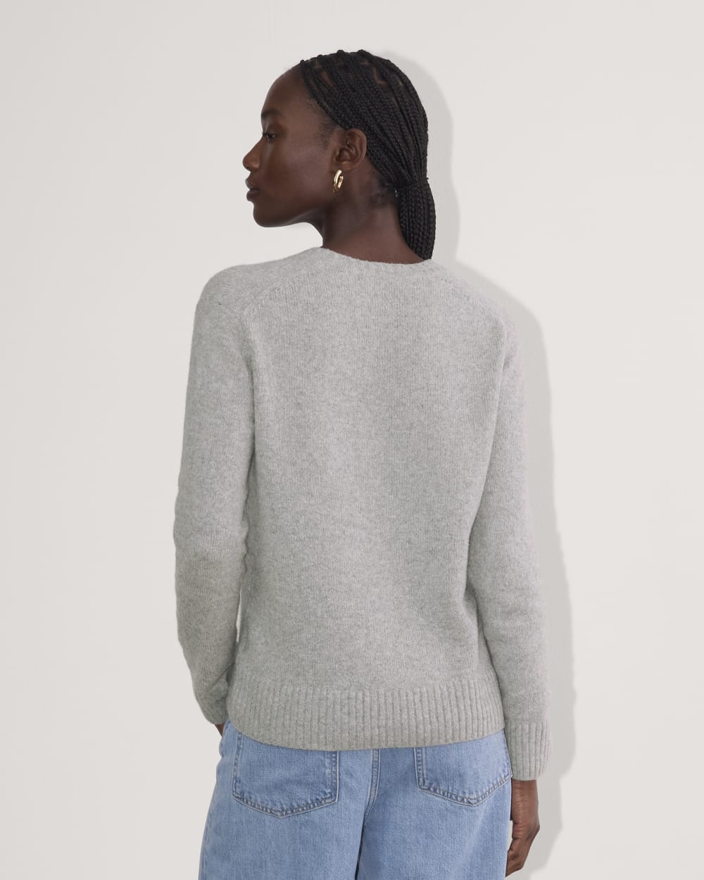 The V-Neck Sweater in Plush Cotton in Heathered Grey — detail view