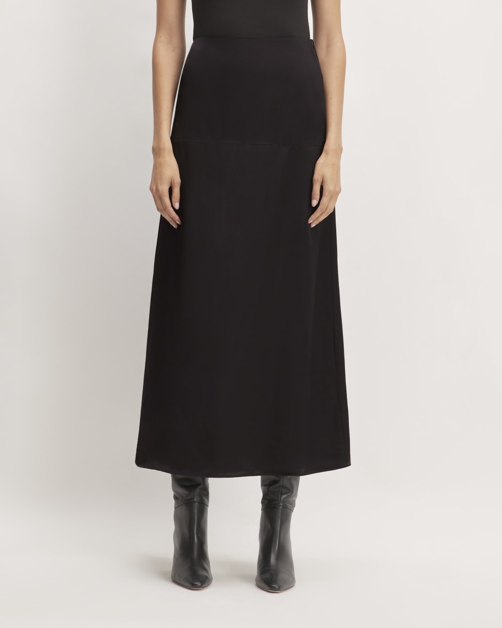 The Hammered Satin Slip Skirt in Black — front view