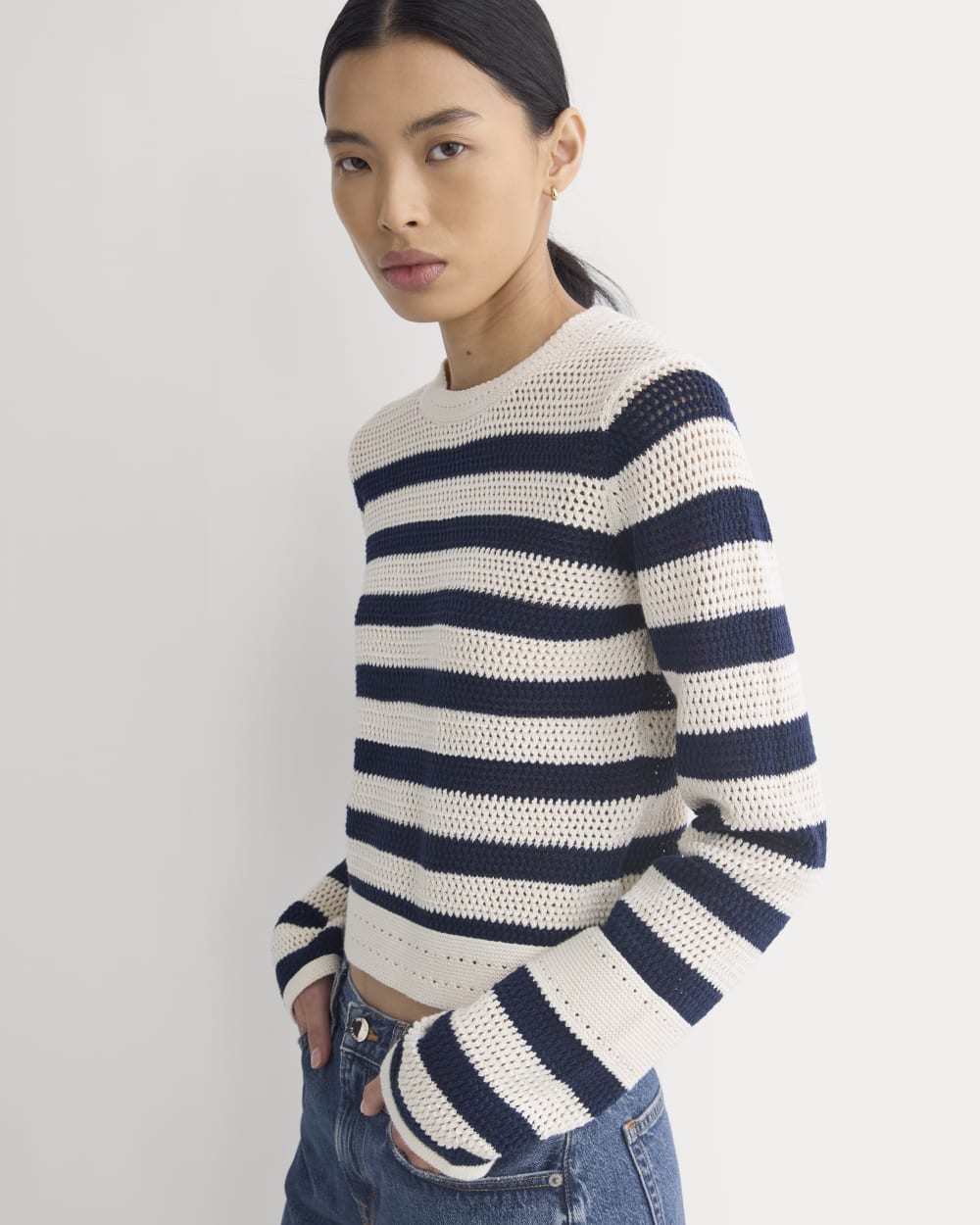 Open Knit Long-Sleeve Crew in Everyday Cotton in Canvas / Navy — detail view