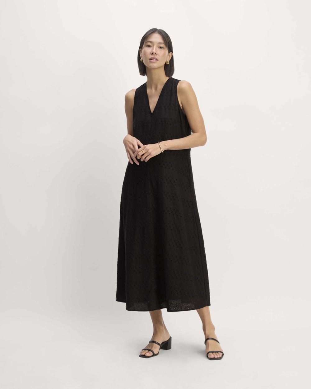 The Linen Eyelet Maxi Dress in Black Eyelet — front view