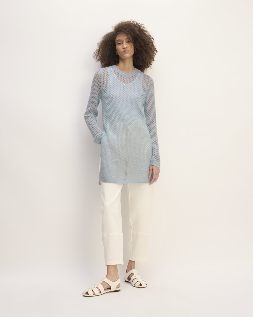 The Everlane x Marques' Almeida Alpaca Mesh Tunic in Mist — detail view