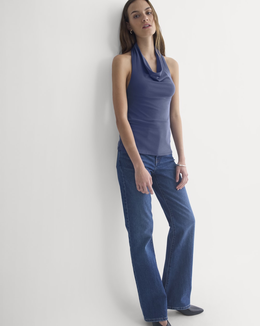 Halter Cowlneck Top in Butterknit in Washed Navy — detail view