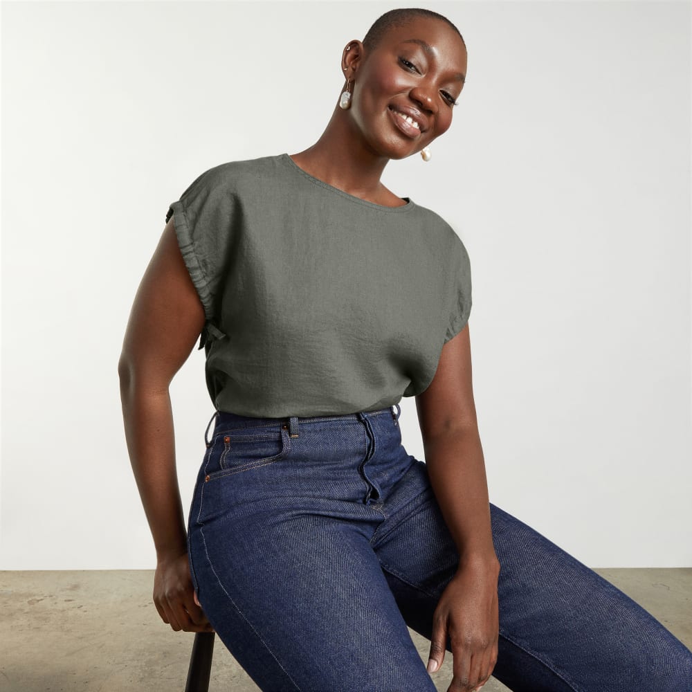 The Drawstring Tunic in Pewter Green — detail view