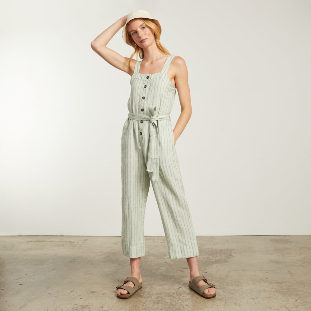 The Linen Jumpsuit in Seafoam Pinstripe — detail view