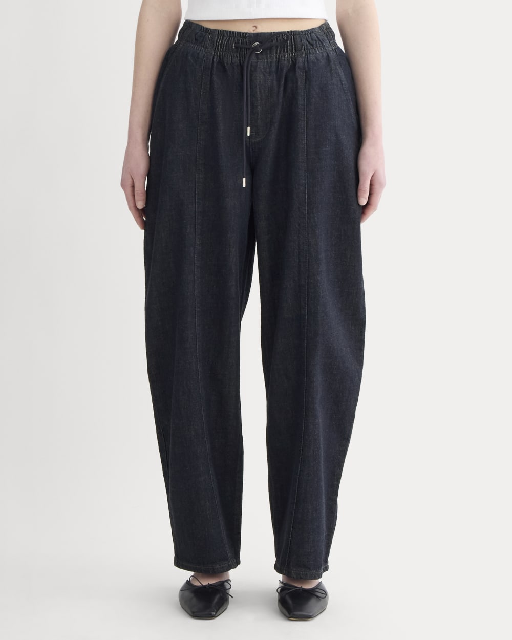 The Drawstring Baggy Jean in Dark Indigo — detail view