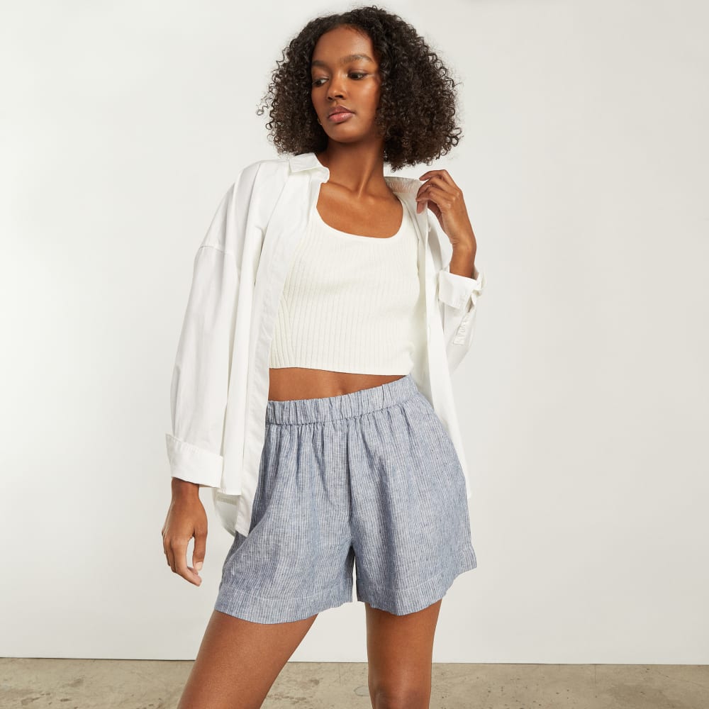 The Linen Boxer Short in Blue / White Pinstripe — detail view