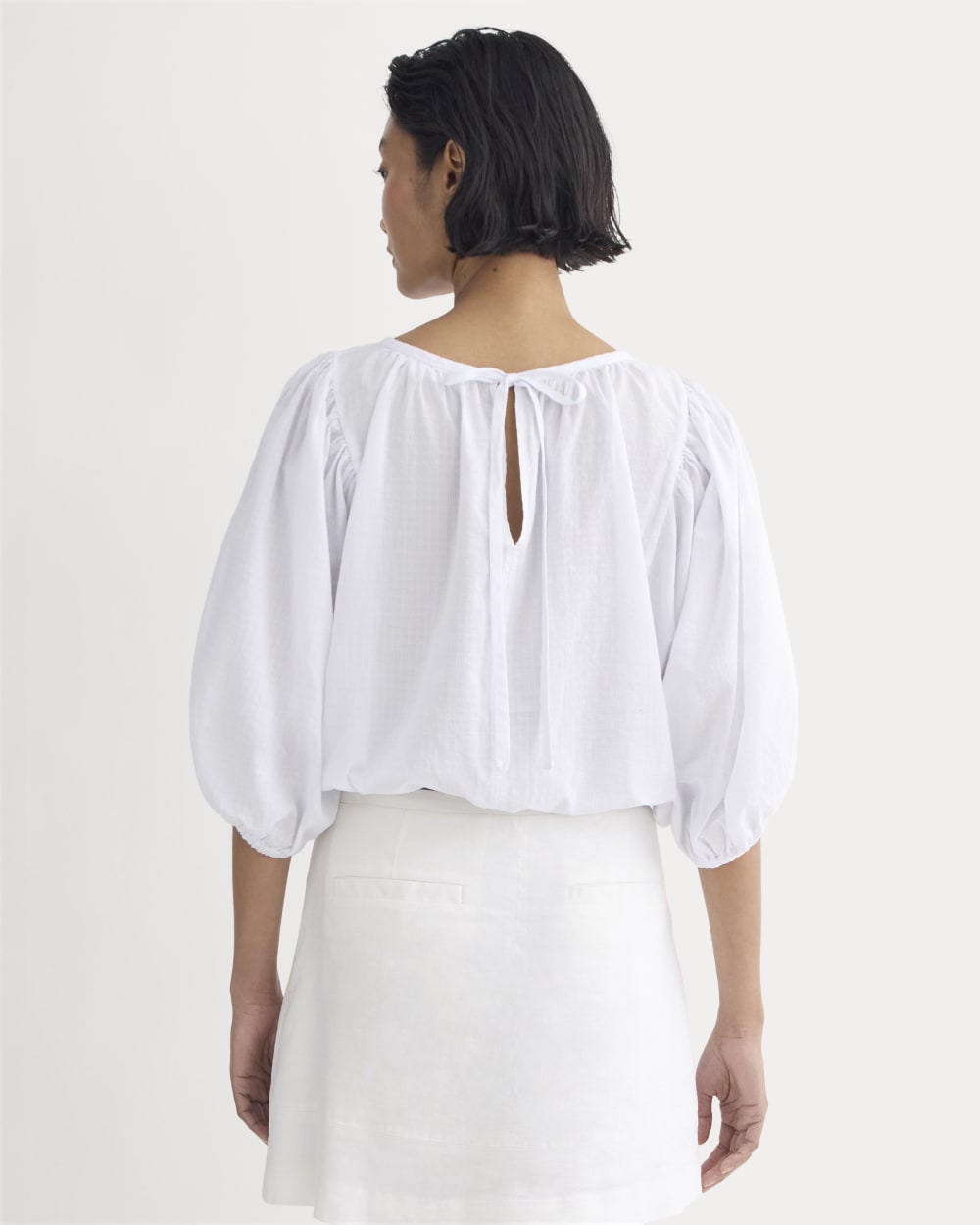 The Gauze Puff-Sleeve Top in White — detail view