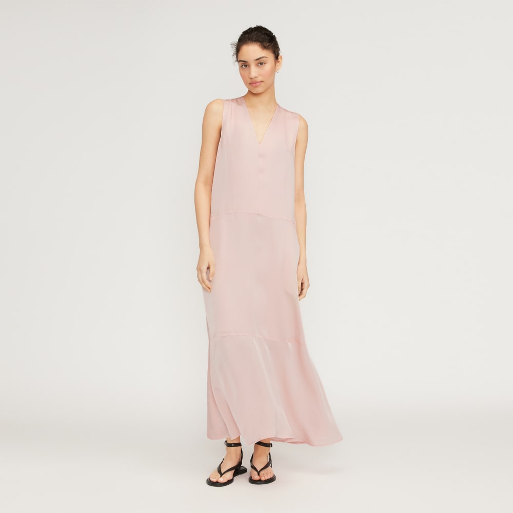 The Satin V-Neck Maxi Dress in Petal Pink — front view