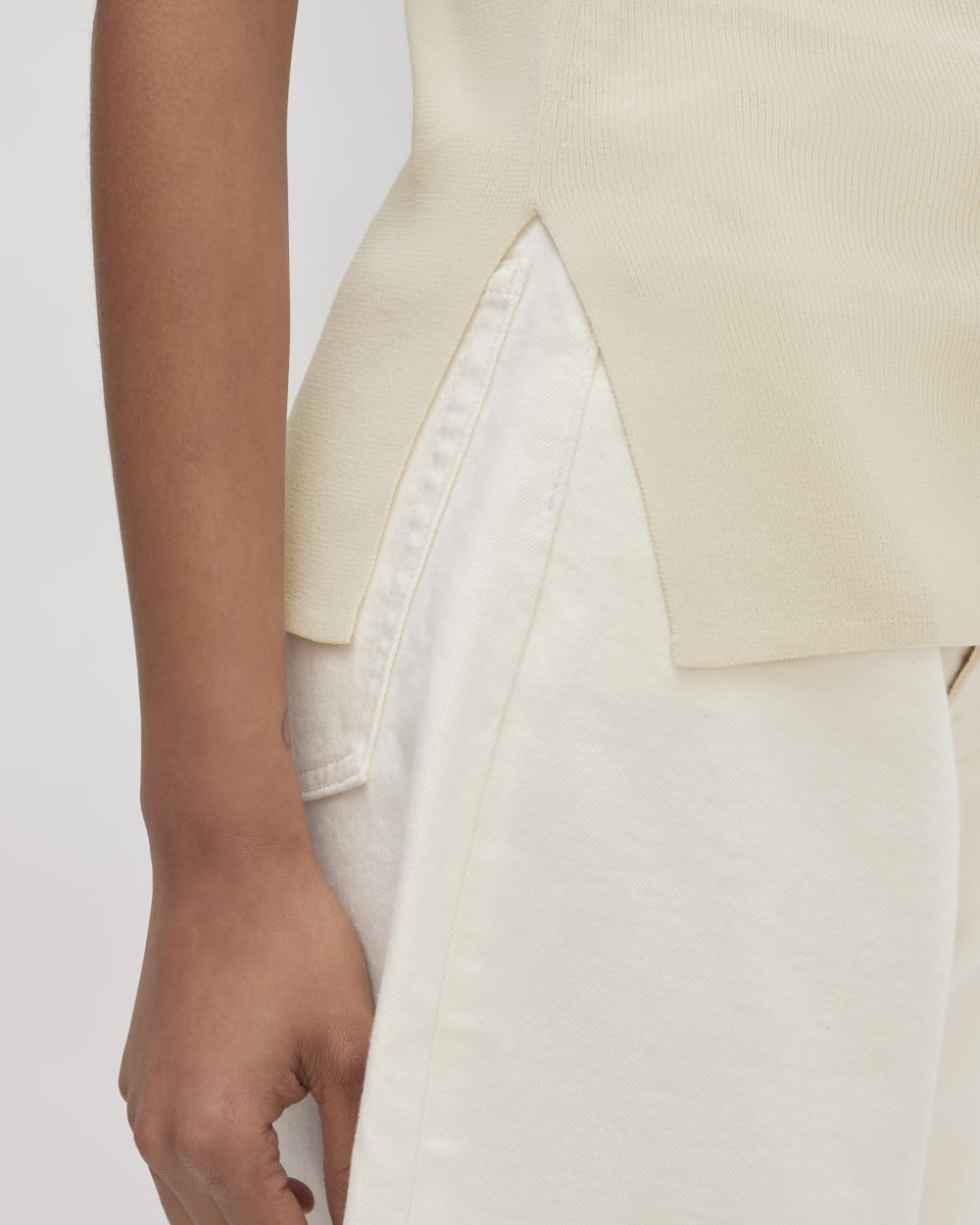 The Viscose Mock Neck Top in Beige — detail view