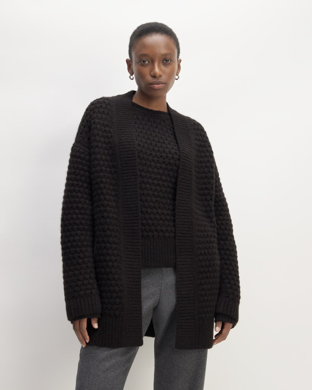 The Cloud Oversized Textured Cardigan in Black — front view