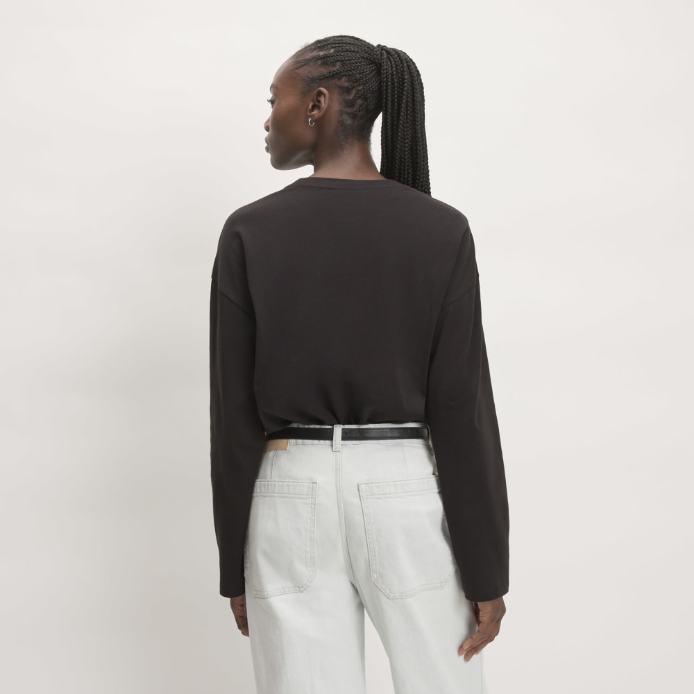 The Organic Cotton Relaxed Long Sleeve Tee in Vintage Black — detail view