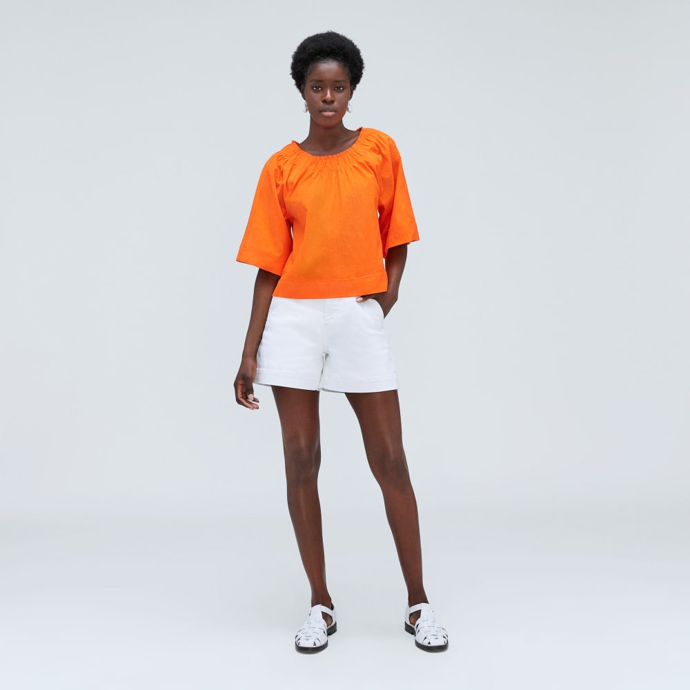 The Seersucker Gathered Tee in Bright Orange — detail view