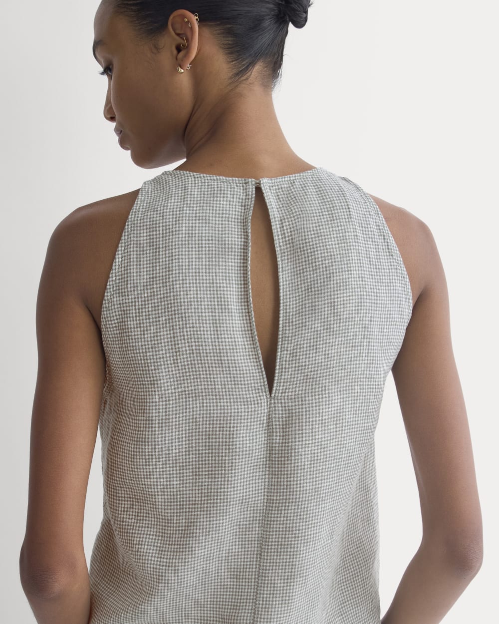 The Linen High-Neck Tank in Agave Green — detail view