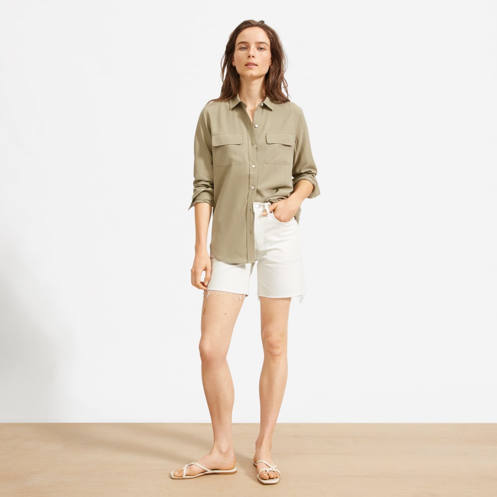 The Washable Silk Relaxed Shirt in Covert Green — detail view
