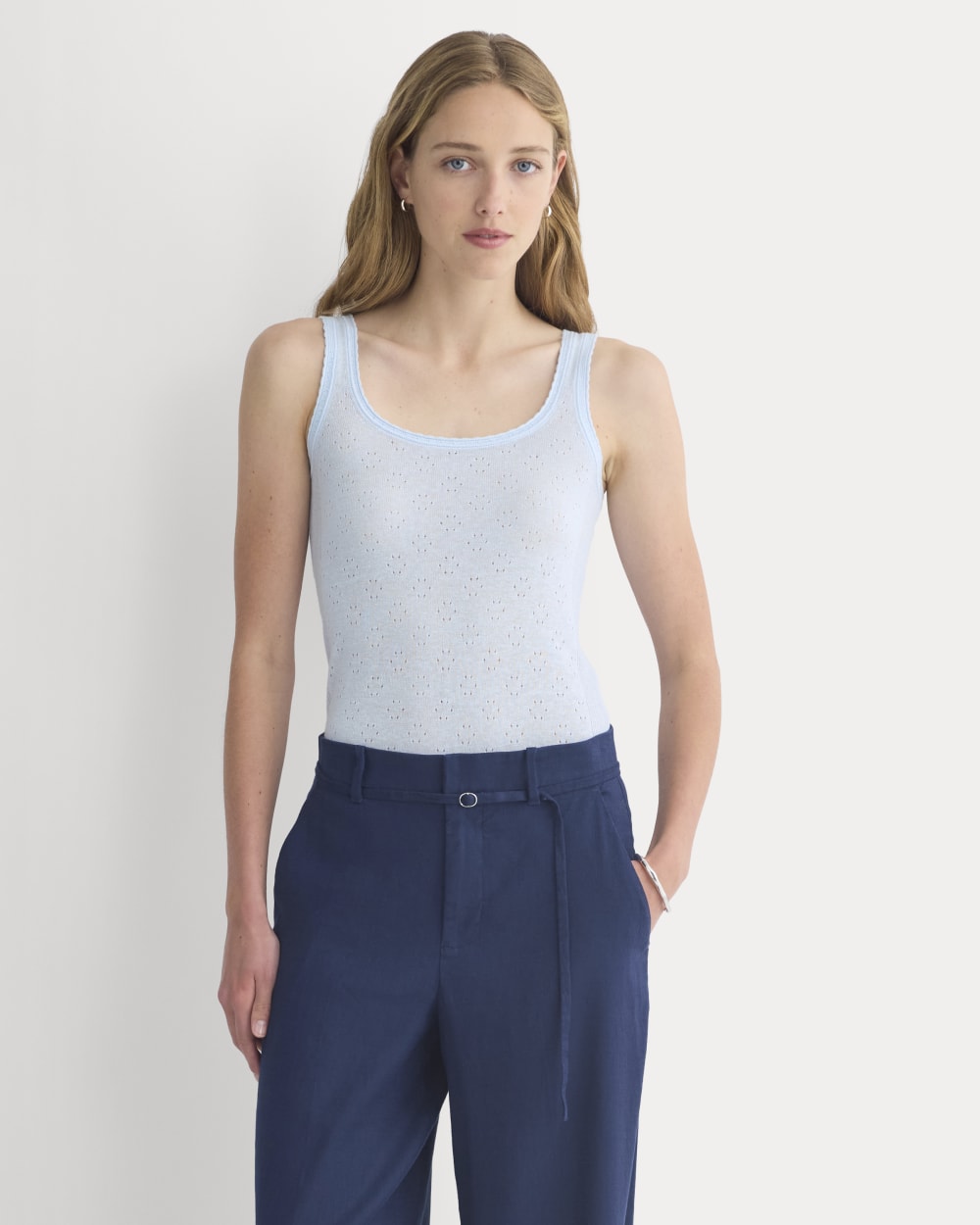 Lace-Trimmed Tank in Fine Linen in Skywriting — front view