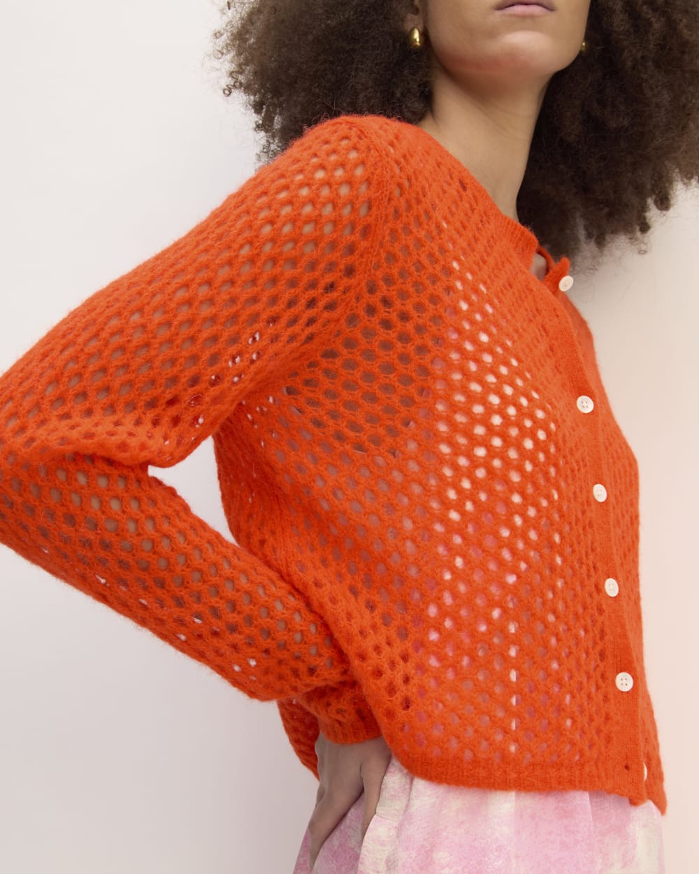 The Everlane x Marques' Almeida Alpaca Mesh Cardigan in Red Orange — detail view