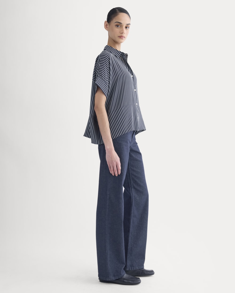The Boxy Shirt in Washable Silk in True Navy / Bone Stripe — detail view