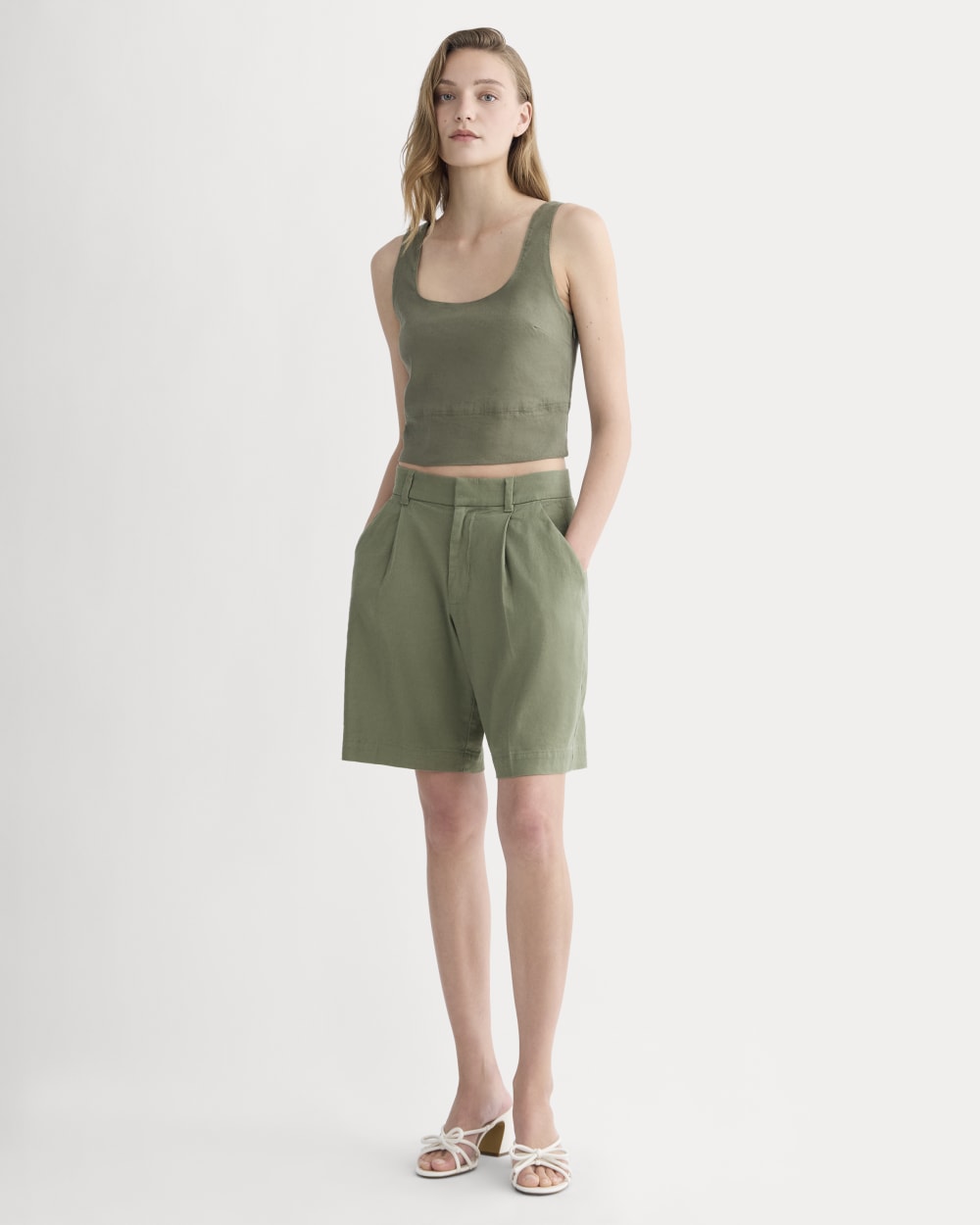 The Square Tank in Stretch Linen in Lichen Green — detail view