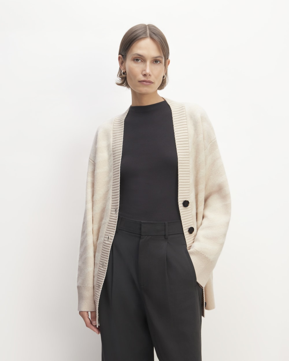 The Alpaca Tiger Jacquard Cardigan in Canvas / Snow — front view