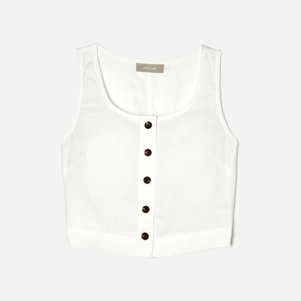 The Linen Button-Front Crop Tank in White — front view