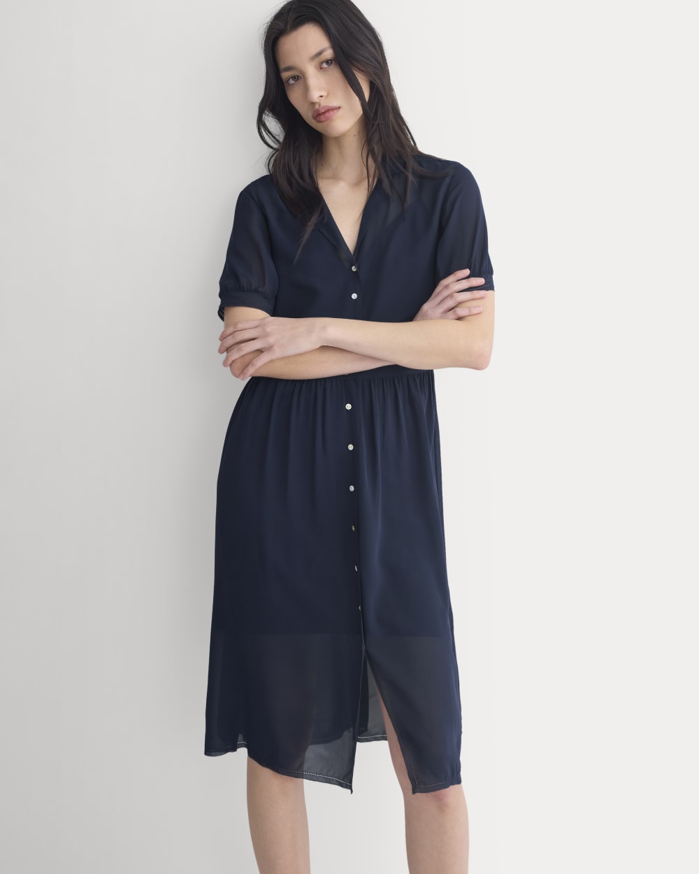 Notch Collar Shirtdress in Silk Georgette in Navy — detail view