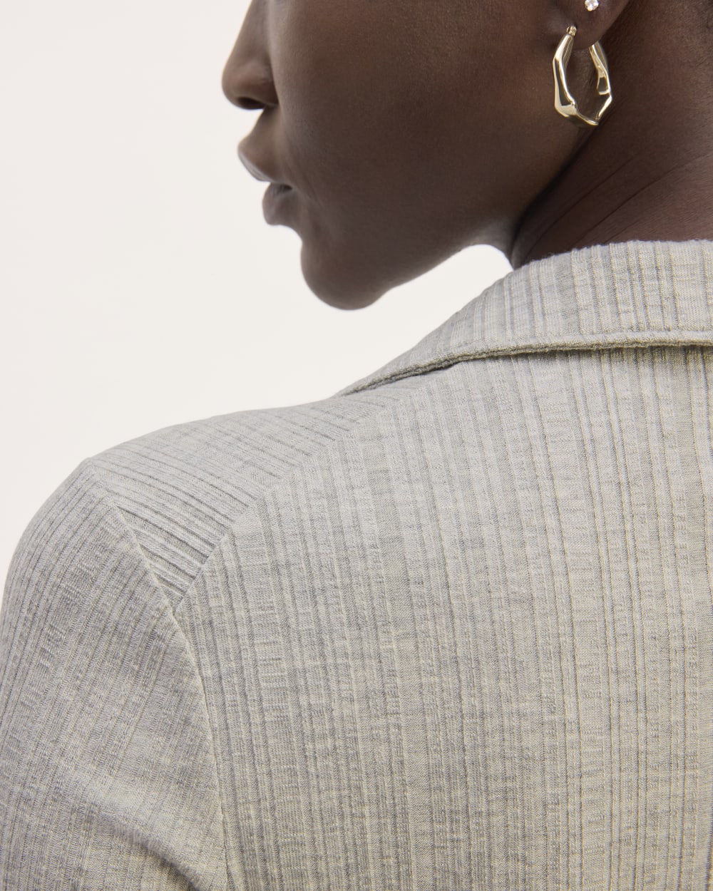 The Rib Soft Knit Open Collar Polo in Heathered Grey — detail view