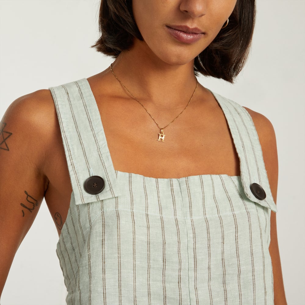 The Apron Linen Tank in Seafoam Pinstripe — detail view