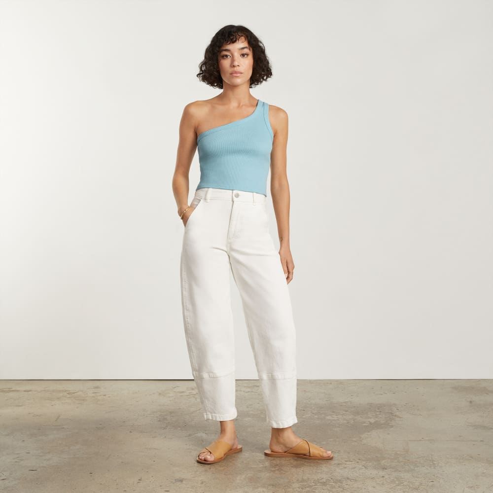 The Ribbed One-Shoulder Tank in Ice Blue — detail view