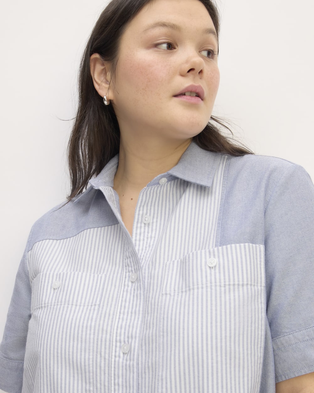 The Everlane x Marques' Almeida Patchwork Daytripper Dress in Blue Stripe Patchwork — detail view