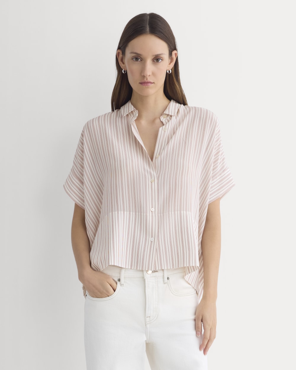 The Boxy Shirt in Washable Silk in Bone / Rose — detail view