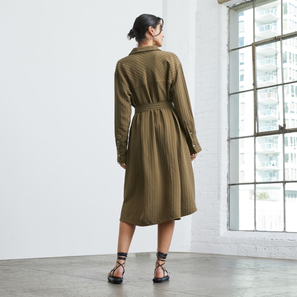 The City Stripe Draped Shirt Dress in Beech — detail view