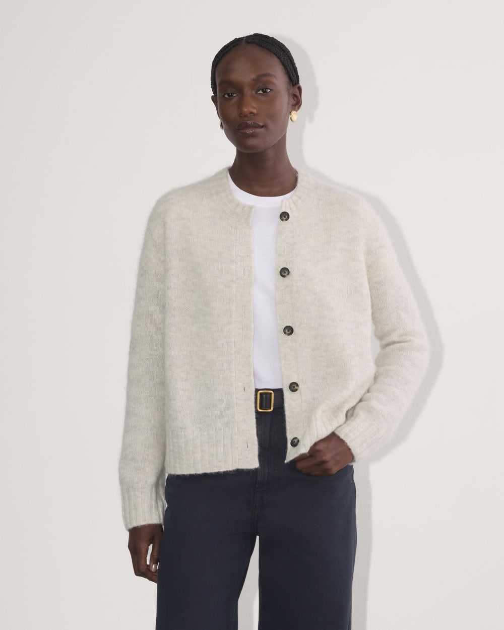 The Crew Cardigan in Alpaca in Almond — front view