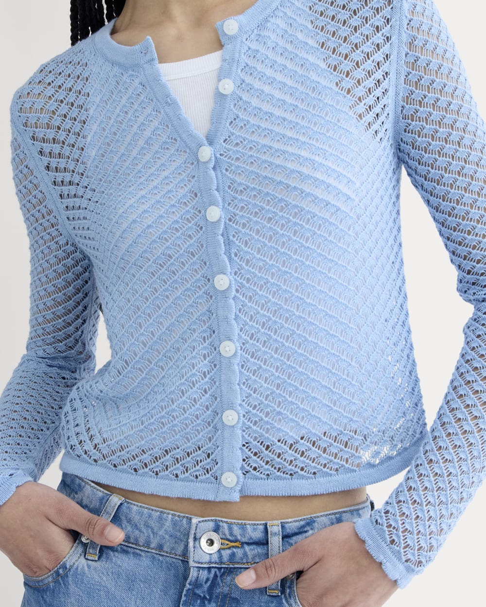 The Lace Knit Cardigan in Sky Blue — detail view