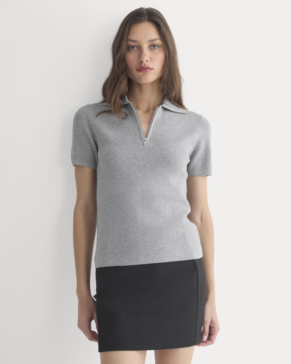 Knit Quarter-Zip Polo in Light Heathered Grey — front view