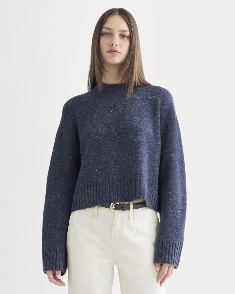 Cropped Boxy Crew in Luxe Merino in Heathered Blue Donegal — front view