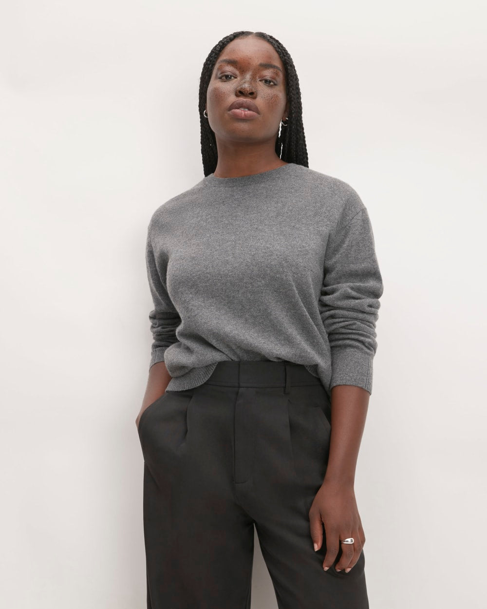 The Classic Crew in Cashmere in Heather Charcoal — front view