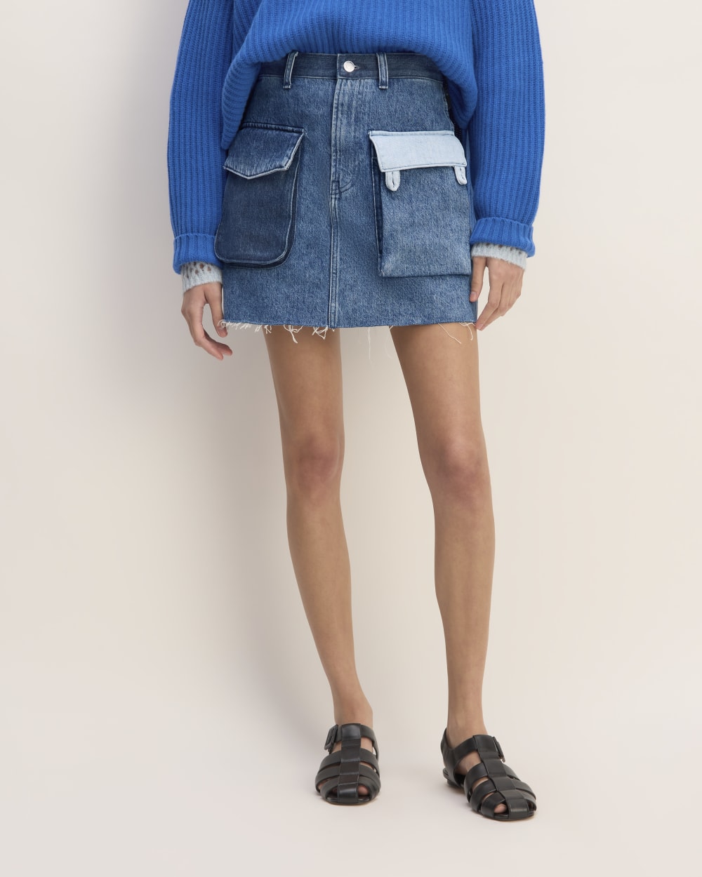 The Everlane x Marques' Almeida Denim Patchwork Mini Skirt in Diamond Blue — detail view