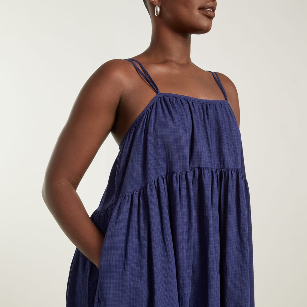 The Billow Tiered Maxi Dress in Navy — detail view