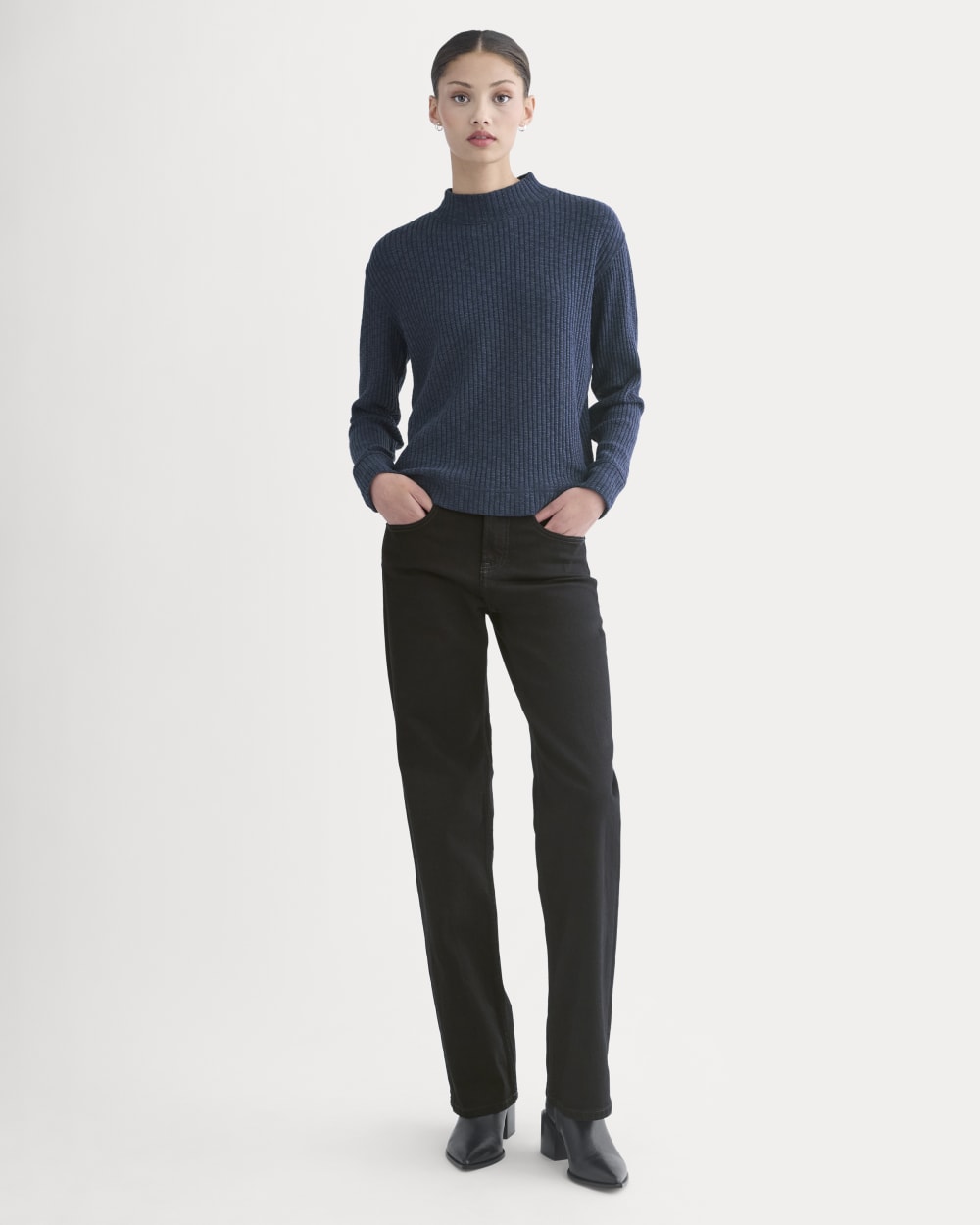 The Cozy Rib Funnel-Neck in Navy — detail view