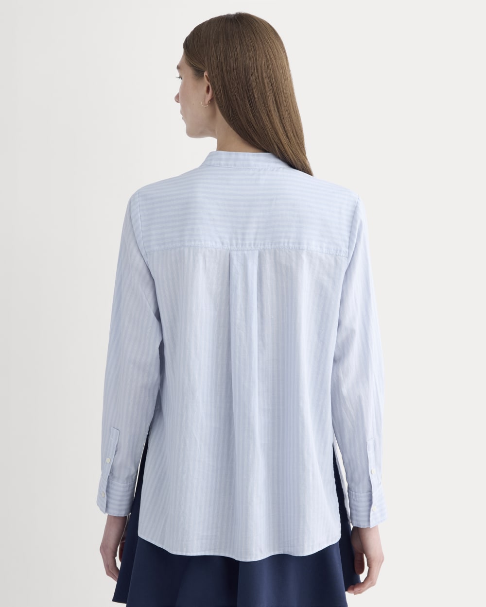 The Pleated Shirt in Silky Cotton in Forever Blue / Optic White — detail view