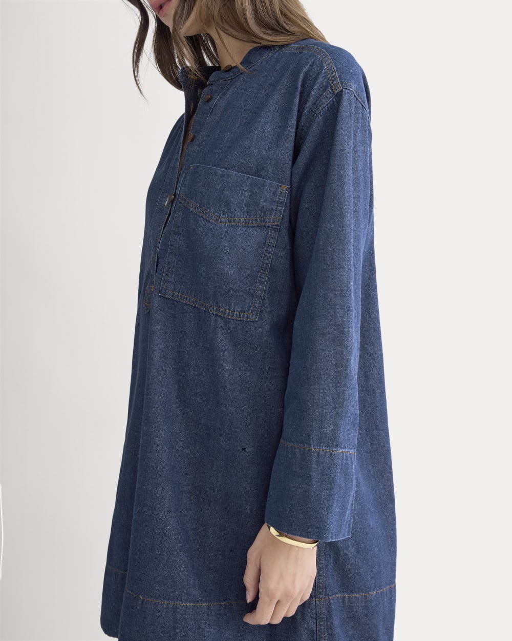 The Denim Popover Dress in Dark Indigo — detail view