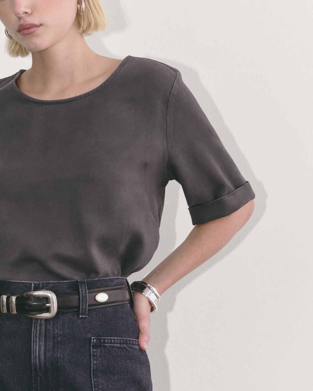 The Relaxed Tee in Buttersoft in Graphite — detail view