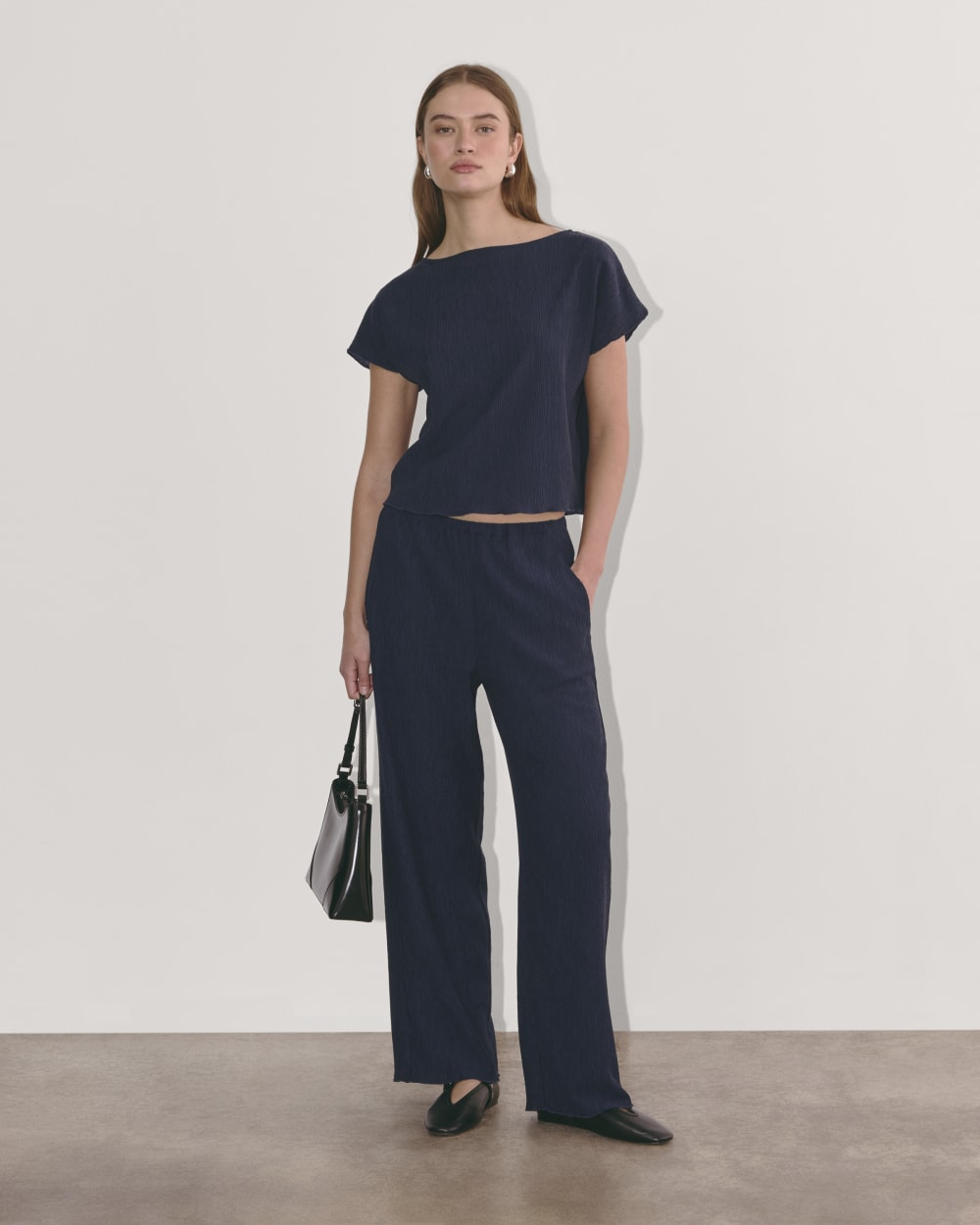 The Crinkle Top in Navy — detail view
