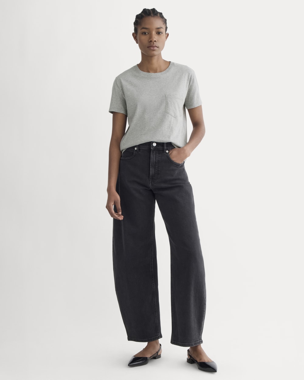The Box-Cut Tee in Essential Cotton in Heathered Grey — detail view