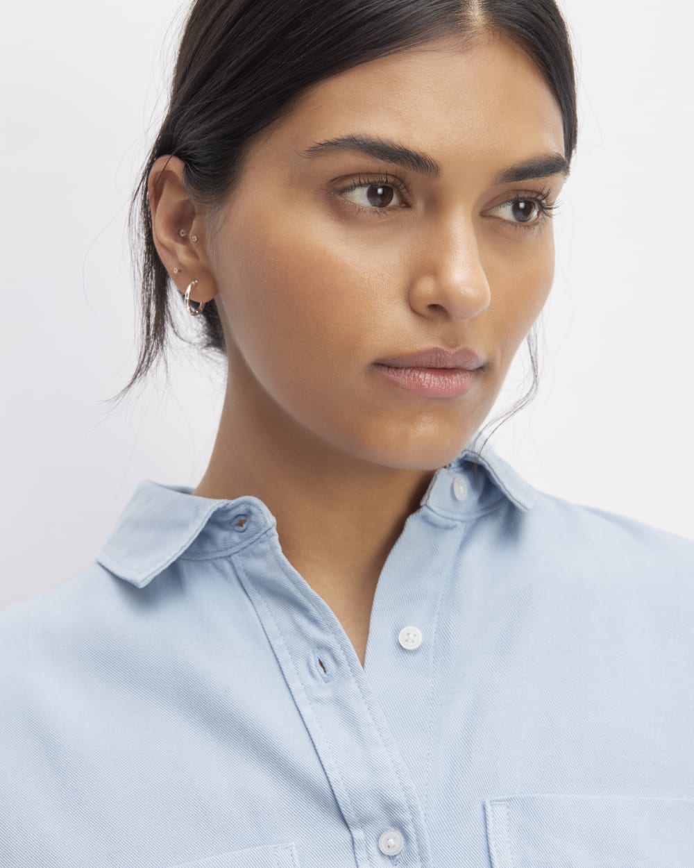 The Boxy Overshirt in Buttersoft in Chambray Blue — detail view