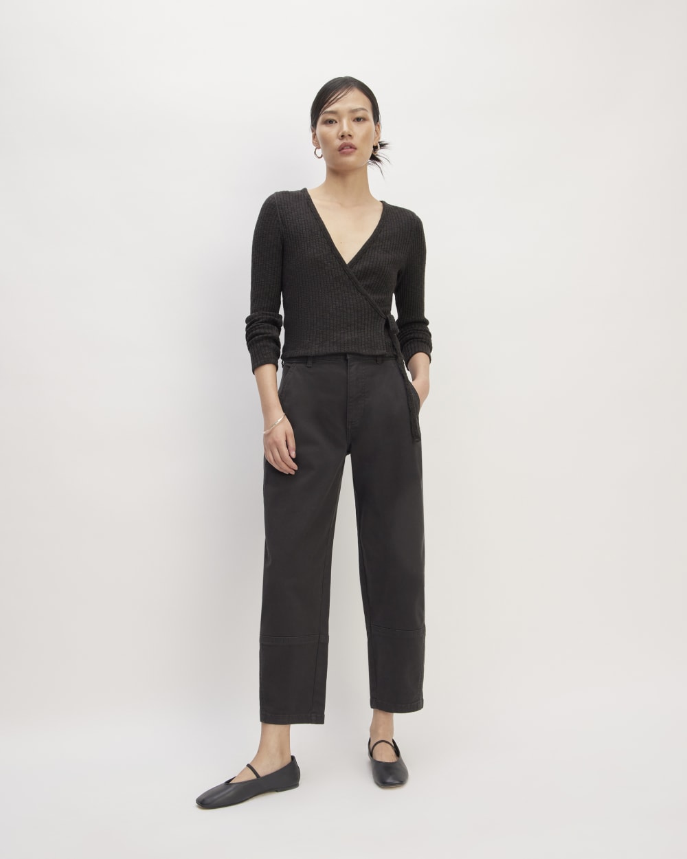 The Cozy Rib Wrap Top in Black — detail view